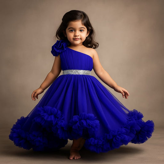 Pre Order: One Shoulder High Low Blue Dress With Matching Head Band And Detachable Bow