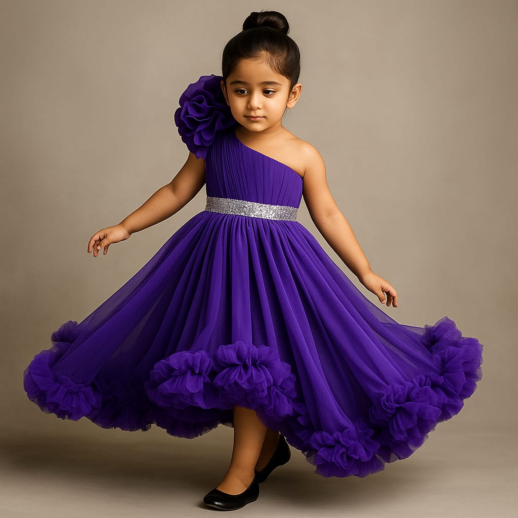Pre Order: Purple One Shoulder High Low Dress With Matching Head Band And Detachable Bow