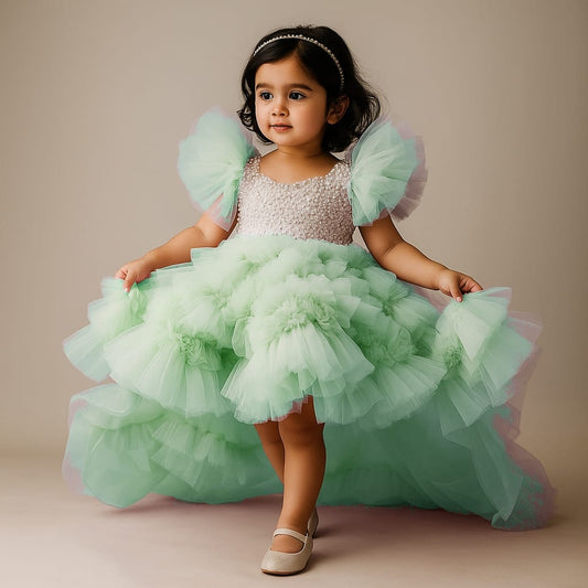 Pre Order: Embellished Layered Mint Dress With Detachable Trail