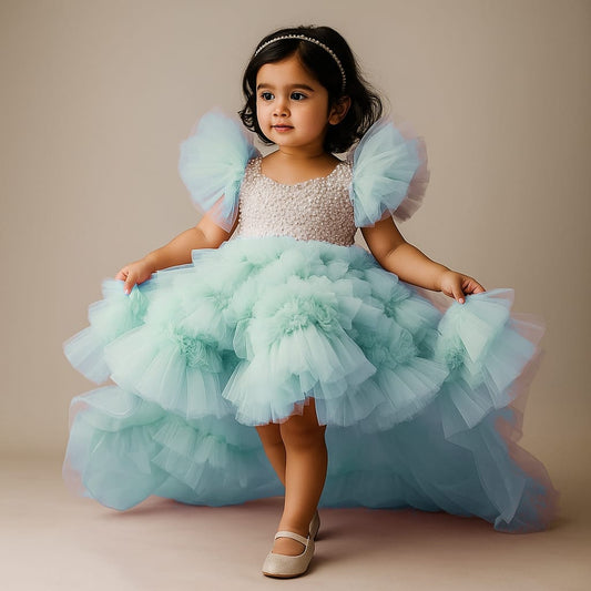 Pre Order: Embellished Layered Blue Dress With Detachable Trail