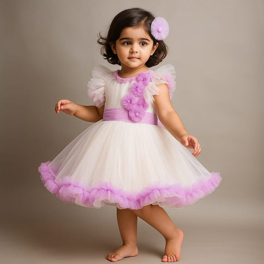 Pre Order: Frilly Flower Enhanced Dress With Matching Hairclip
