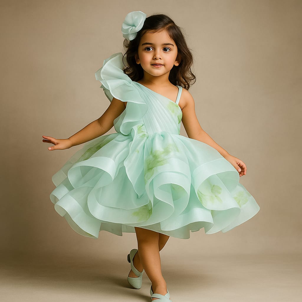 Pre Order: Blue Printed One Shoulder Layered Dress