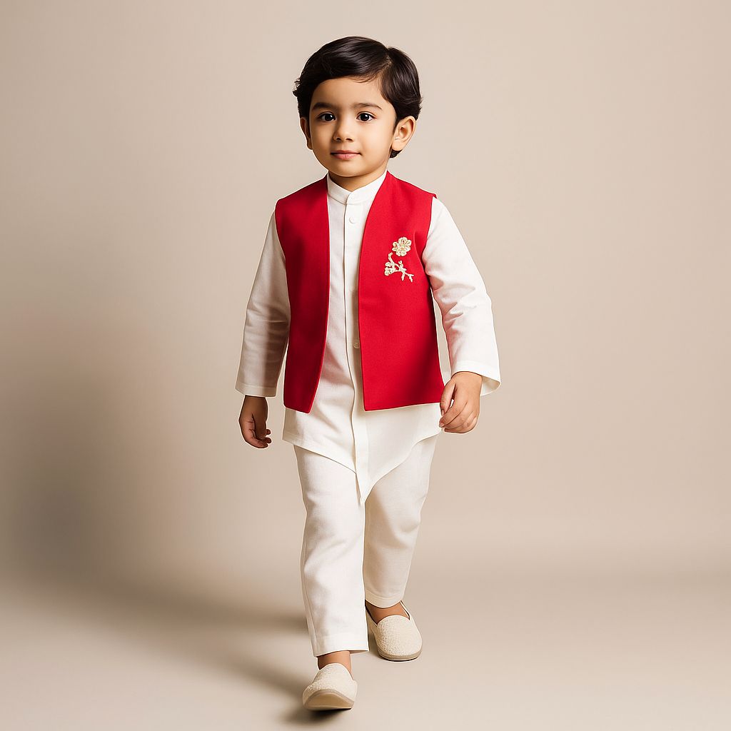 Pre Order: Asymmetric Kurta With Lotus Patchwork Red Jacket And Pyjama