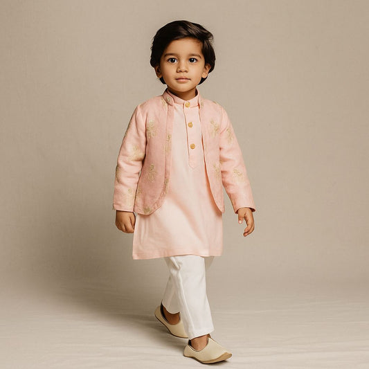 Pre Order: Zari Thread Work Full Sleeves Jacket With Kurta And Pyjama