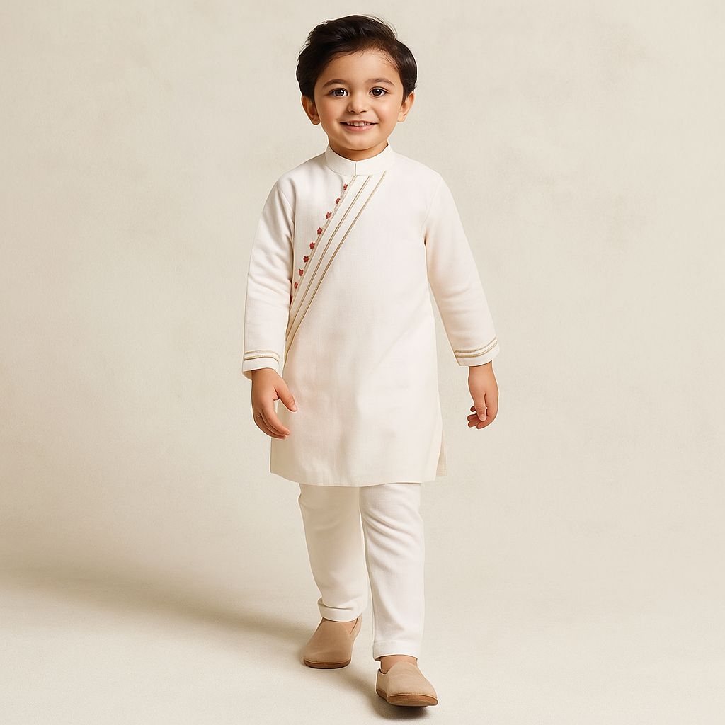 Pre Order: Slant Hook Placket Off-White Kurta And Pyjama