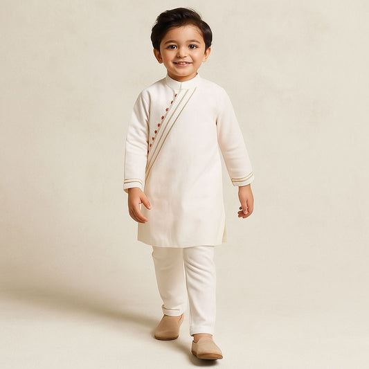 Pre Order: Slant Hook Placket Off-White Kurta And Pyjama