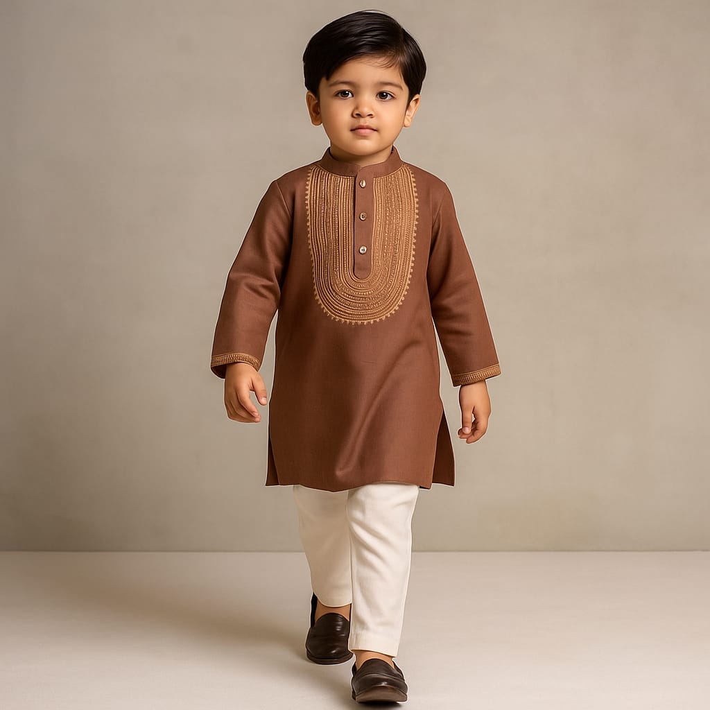 Pre Order: Embroidered Brown Kurta And Pyjama
