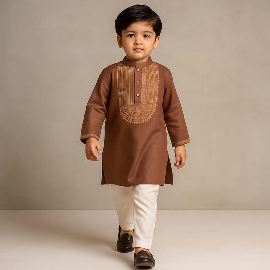 Pre Order: Embroidered Brown Kurta And Pyjama
