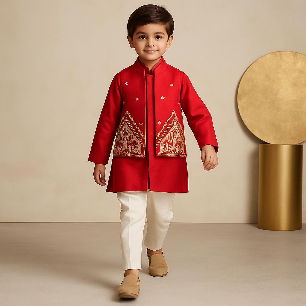 Pre Order: Red Kurta With Front Open Embroidered Jacket And Churidar