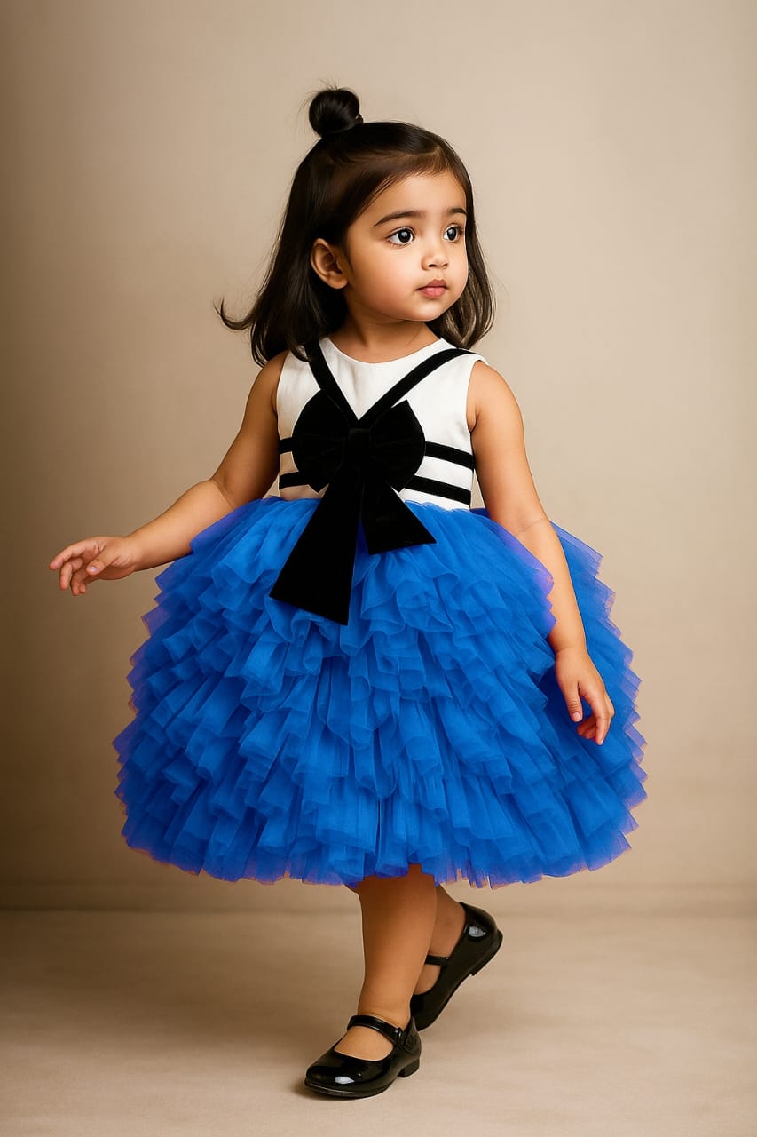 Pre Order: Detailed Ruffle White And Blue Frilly Party Dress
