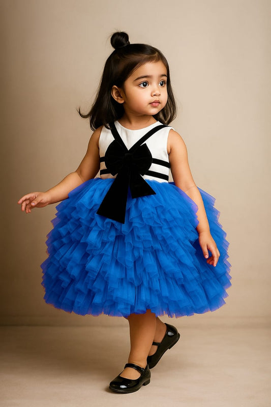 Pre Order: Detailed Ruffle White And Blue Frilly Party Dress