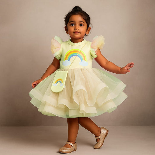 Pre Order: Yellow Rainbow Dress With Matching Sling Bag