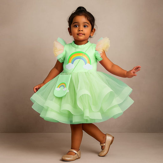 Pre Order: Pastel Green Rainbow Dress With Matching Sling Bag