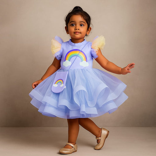 Pre Order: Blue Rainbow Dress With Matching Sling Bag