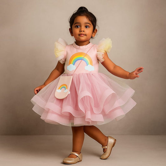 Pre Order: Peach Rainbow Dress With Matching Sling Bag