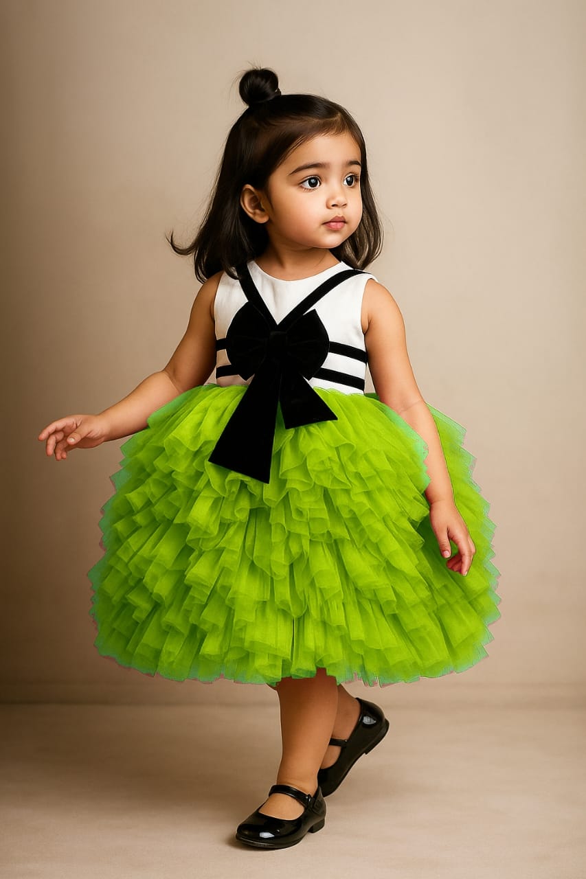 Pre Order: Detailed Ruffle White And Green Frilly Party Dress