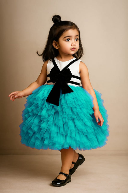 Pre Order: Detailed Ruffle White And Sea Green Frilly Party Dress