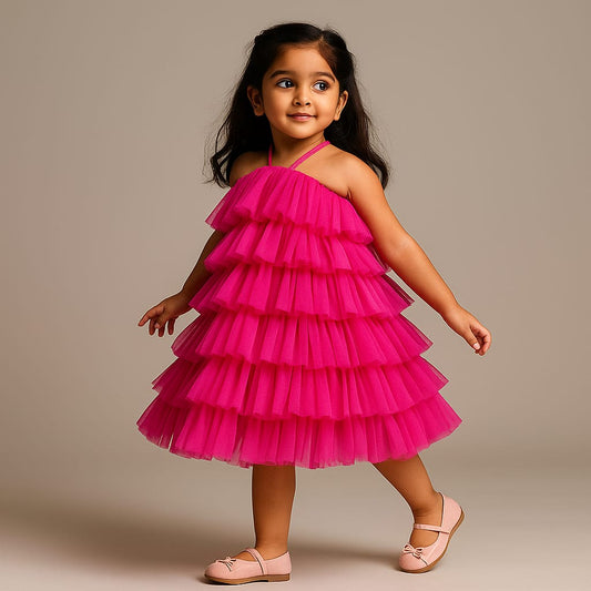 Pre Order: Hot Pink Backless Net Ruffle Dress