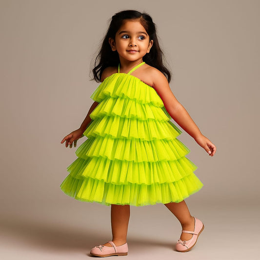 Pre Order: Green Backless Net Ruffle Dress