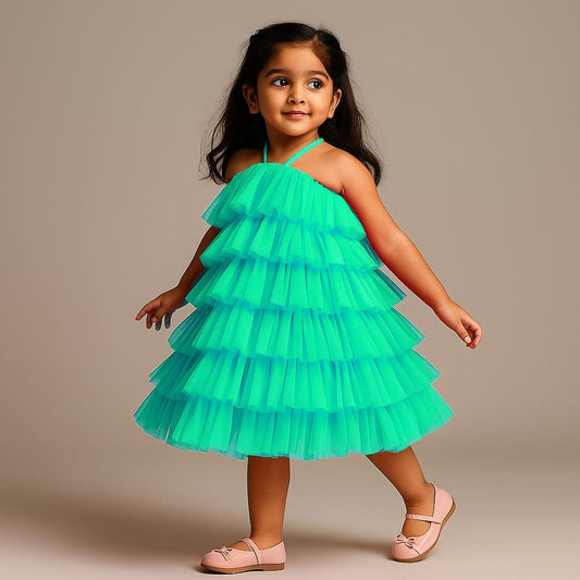 Pre Order: Sea Blue Backless Net Ruffle Dress