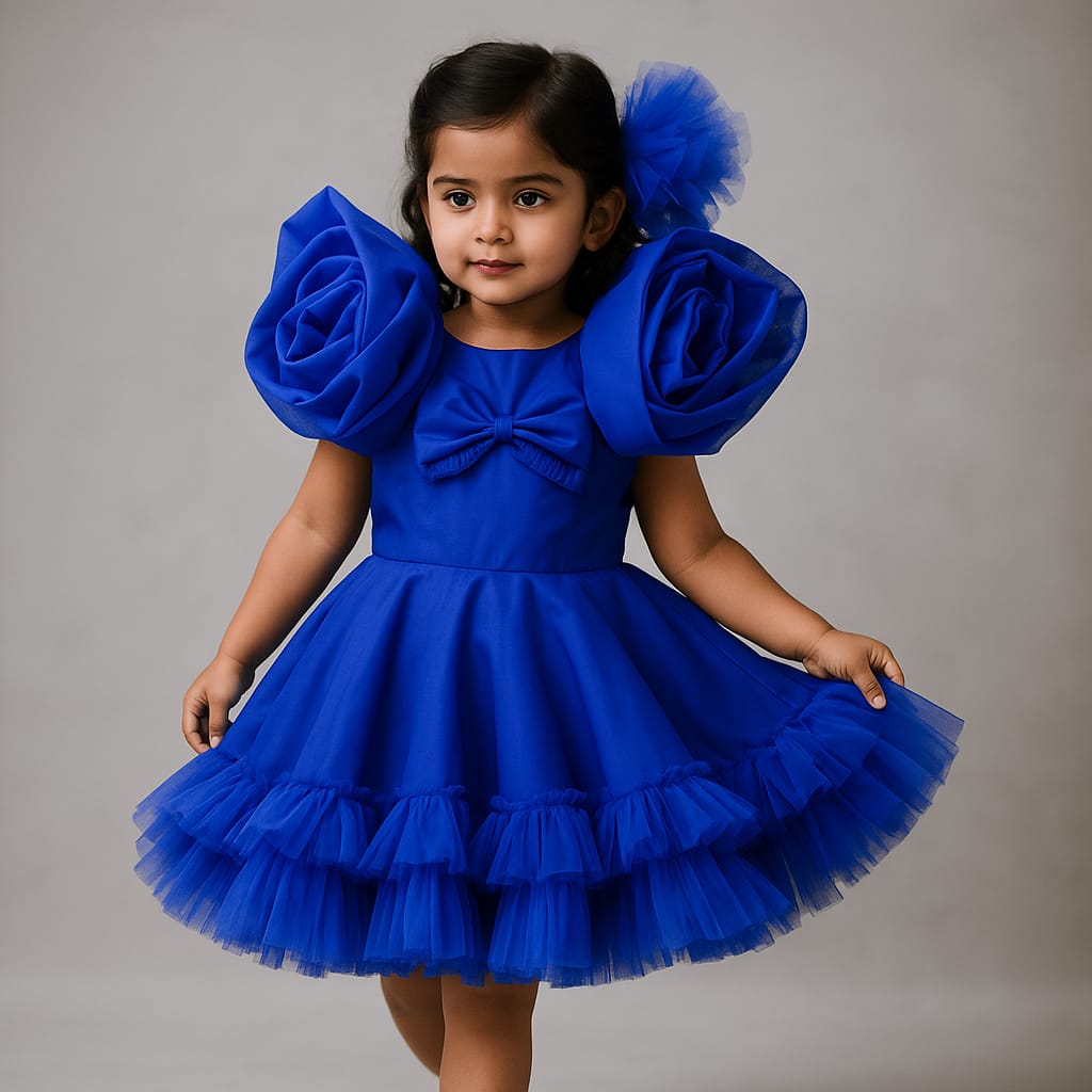 Pre Order: Elegant Blue Rosy Sleeves Dress