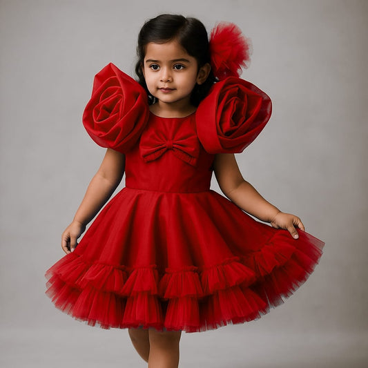 Pre Order: Elegant Red Rosy Sleeves Dress