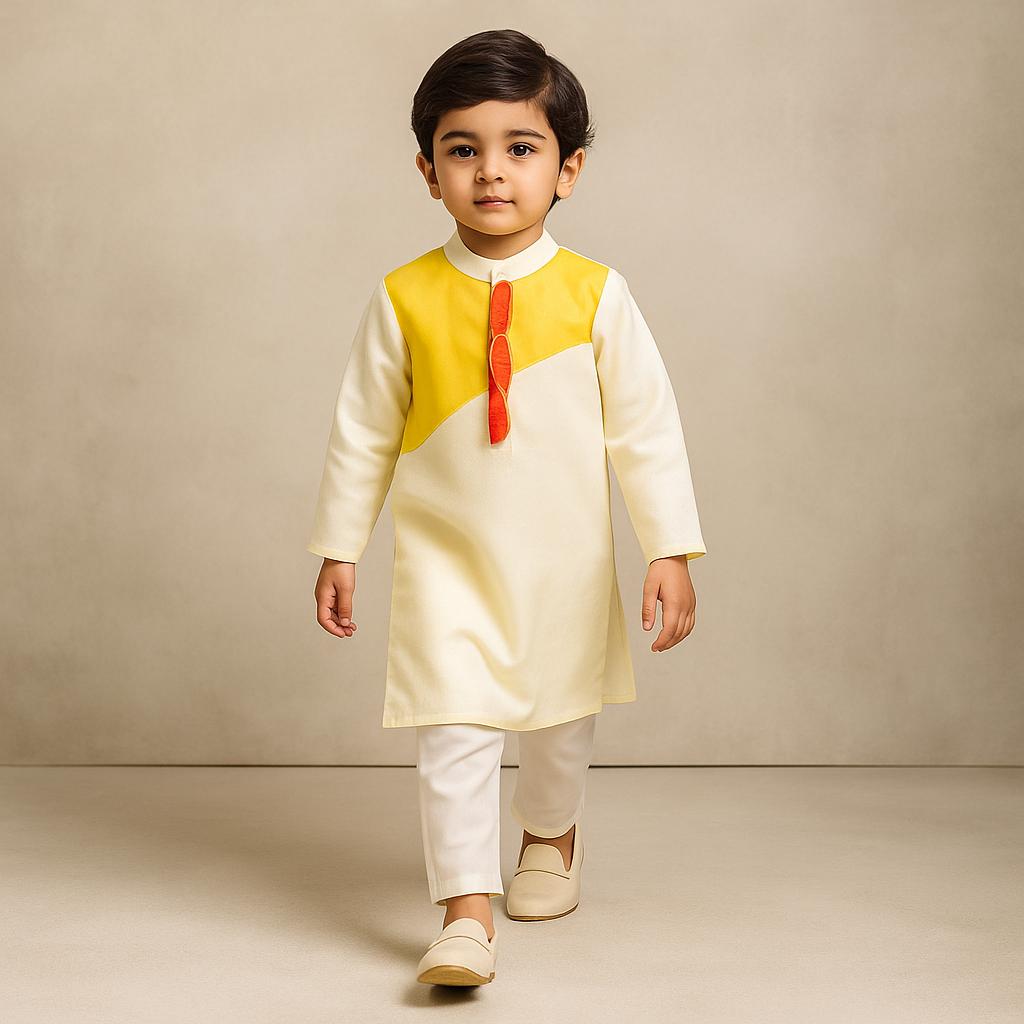 Pre Order: Dual Tone Kurta With Embroidered Contrast Front Placket And Pyjama