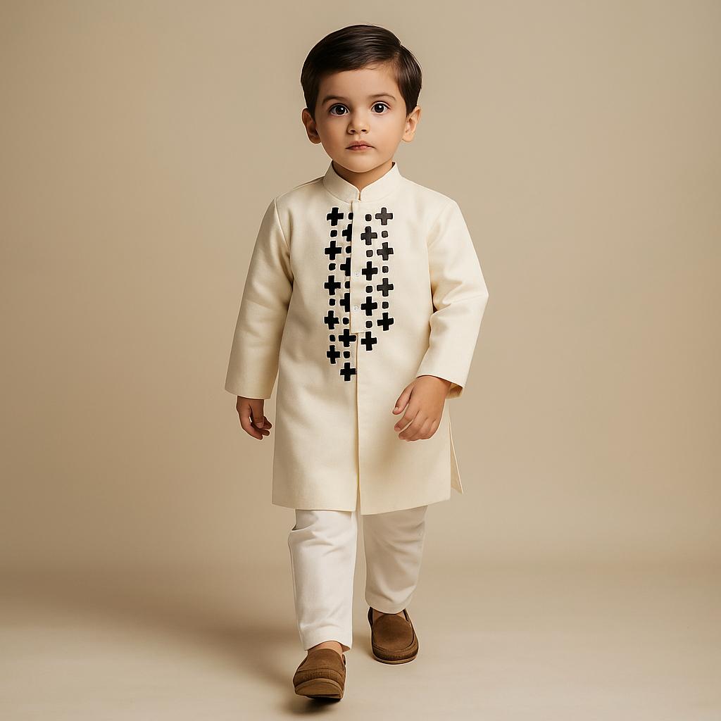 Pre Order: Off White Embroidered Sherwani With Pyjama