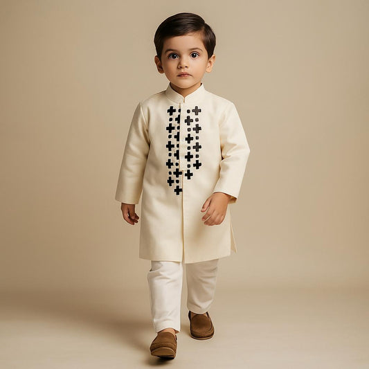 Pre Order: Off White Embroidered Sherwani With Pyjama