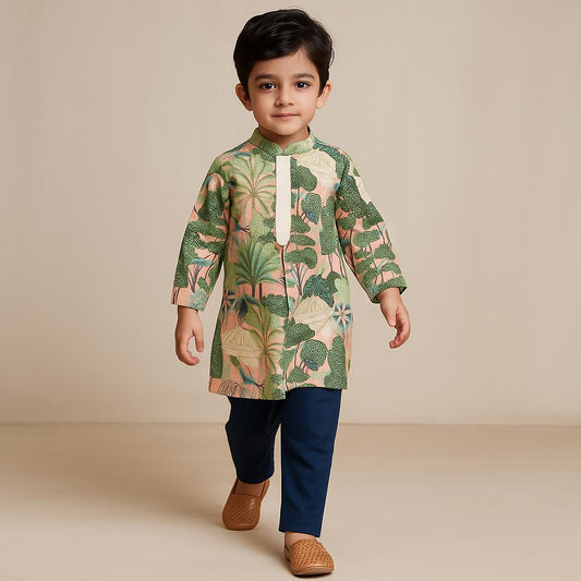 Multicolour Printed Kurta With Sequins Embellished Panel And Blue Pyjama