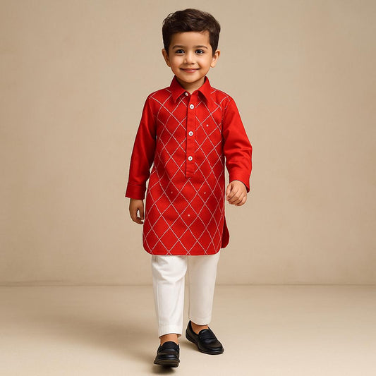 Pre Order: Embroidered Stylish Red Kurta With Salwar