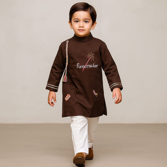 Pre Order: Embroidered Brown Kurta With Pyjama