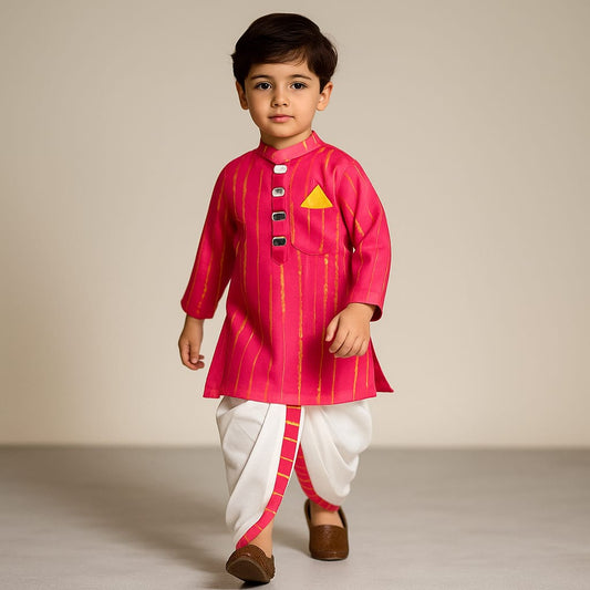 Pre Order: Pink Printed And Embellished Kurta With Dhoti