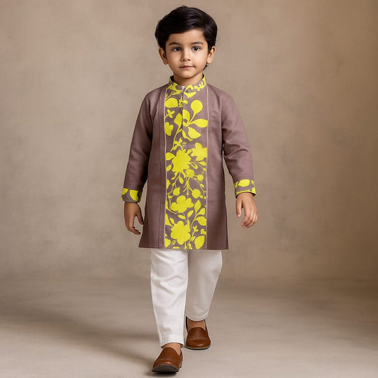 Pre Order: Yellow Floral Printed Pintuck Brown Kurta And Pyjama
