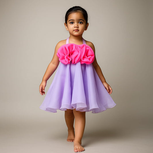 Pre Order: Fabric Flower Enhanced Flared Dual Tone Dress