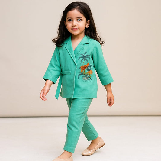 Pre Order: Graceful Embroidered Front Overlap Shirt With Tie-Ups And Pant