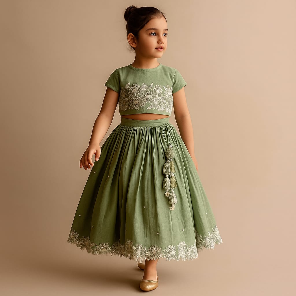 Pre Order: Pleated Neckline Green Top And Fringes Tassels Enhanced Lehenga