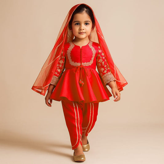 Pre Order: Potli Buttons Detail Front Open Red  Kurti And Dhoti With Net Dupatta