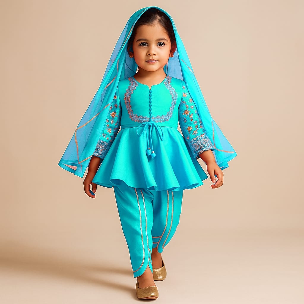 Pre Order: Potli Buttons Detail Front Open Rama Kurti And Dhoti With Net Dupatta