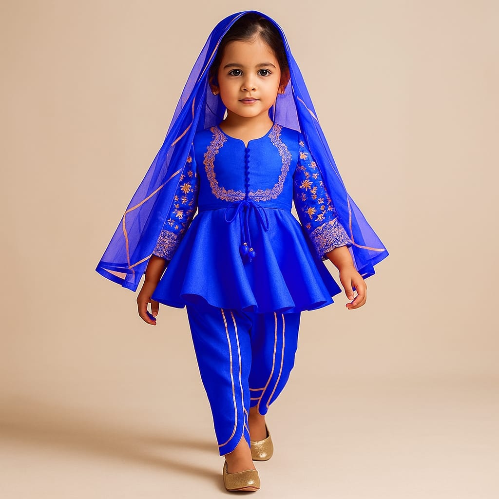 Pre Order: Potli Buttons Detail Front Open Blue Kurti And Dhoti With Net Dupatta