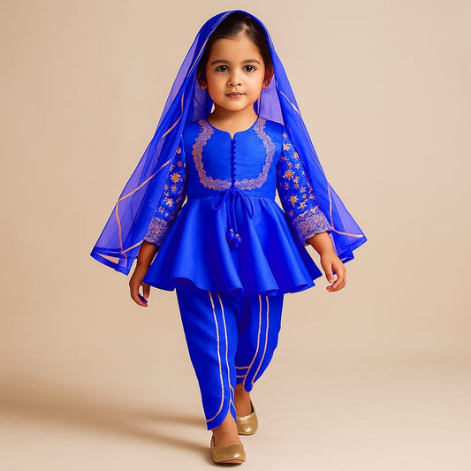 Pre Order: Potli Buttons Detail Front Open Blue Kurti And Dhoti With Net Dupatta