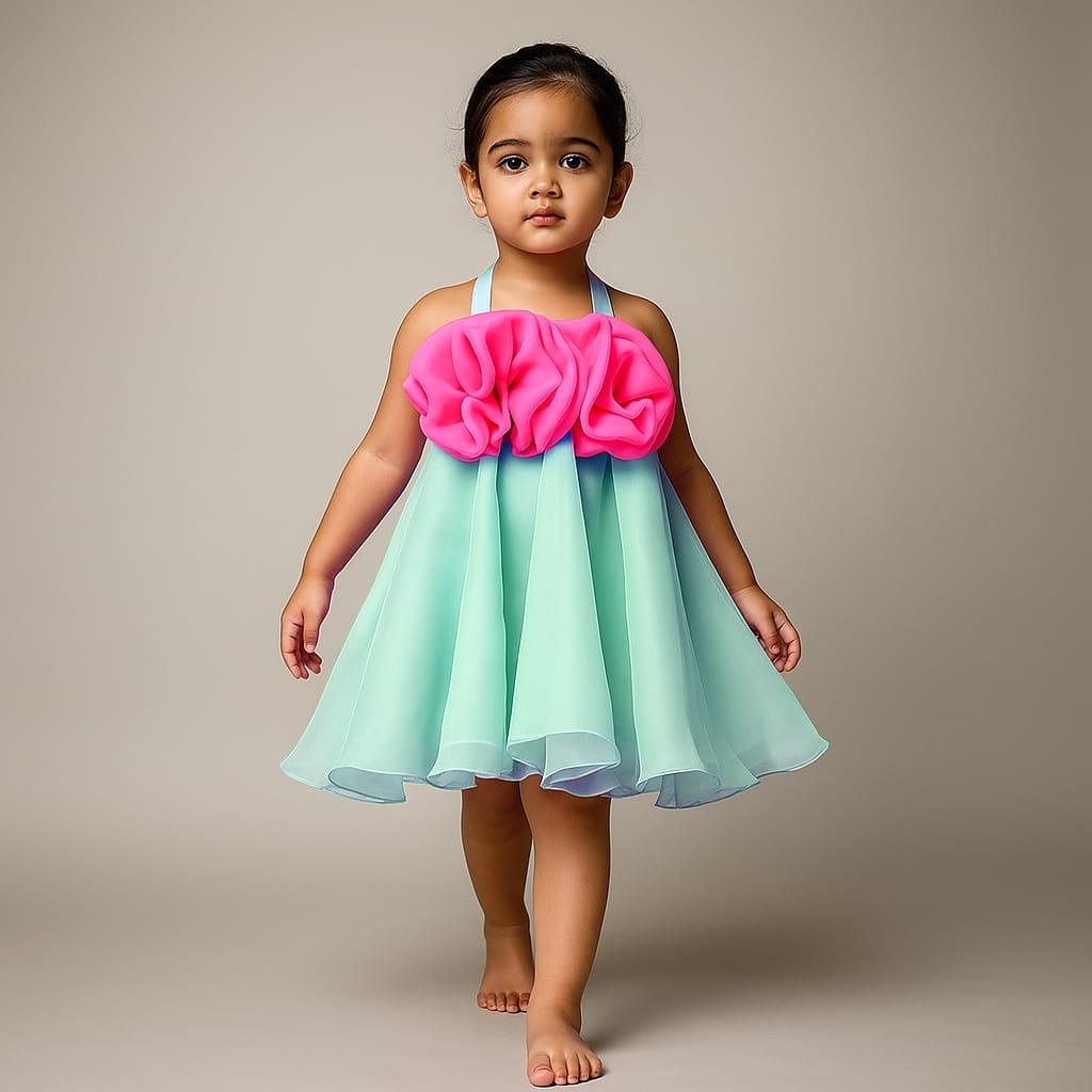 Pre Order: Fabric Flower Enhanced Flared Dual Tone Dress