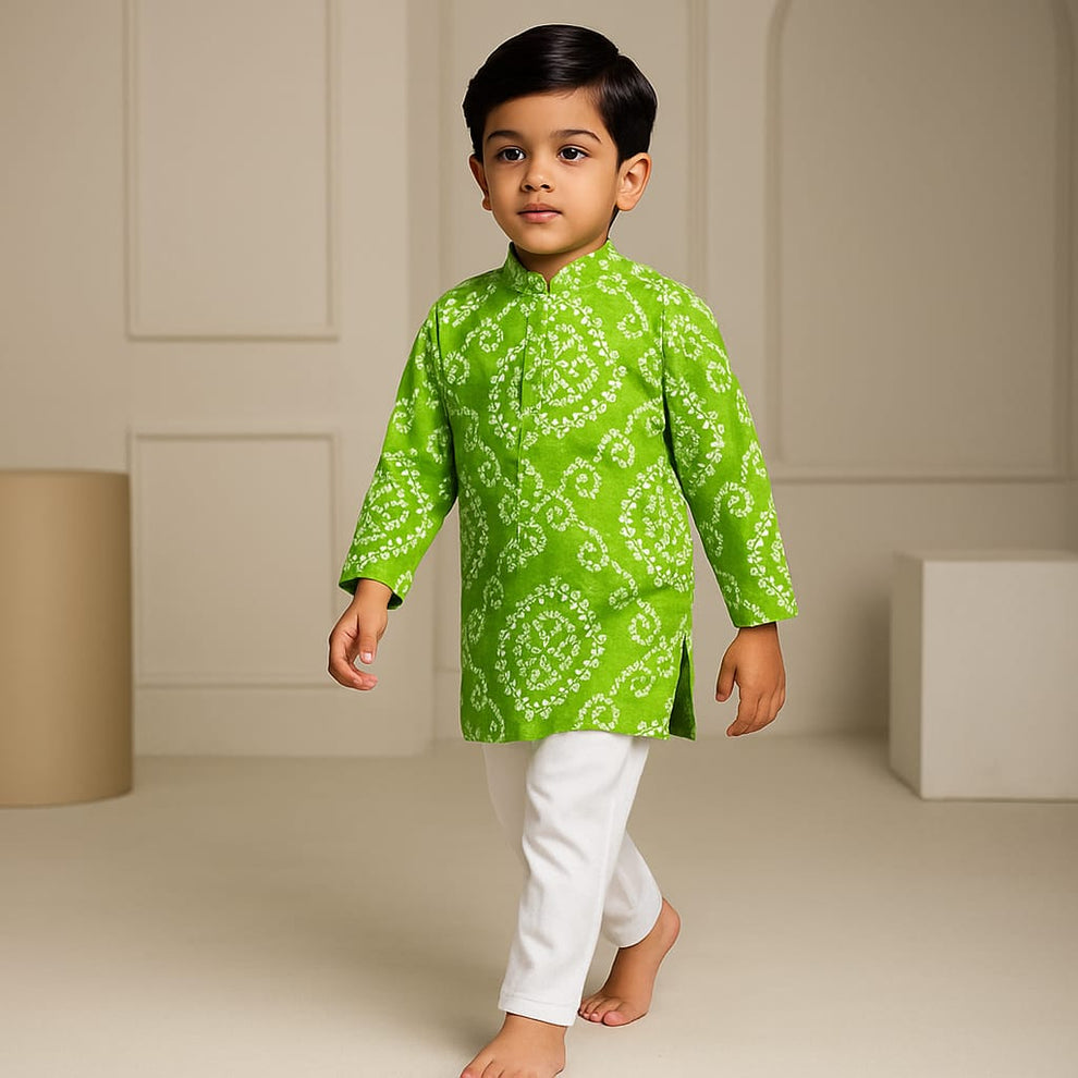 Pre Order: Bandhani Printed Green Kurta With Pyjama