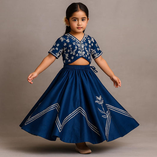 Pre Order: Blue Embroidered Top And Gota Lace Work Lehenga