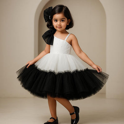 Pre Order: Classic Pearls Embellished Black And White Bowie Party Dress