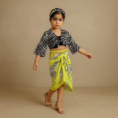 Pre Order: Smocked Back Black Crop Top With Flared Sleeves Jacket And Stylish Tiger Printed Skirt With Chain Hair Band