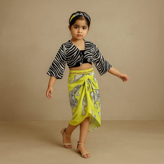 Pre Order: Smocked Back Black Crop Top With Flared Sleeves Jacket And Stylish Tiger Printed Skirt With Chain Hair Band