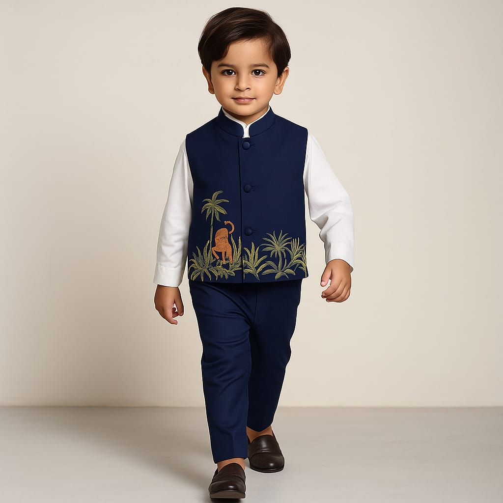 Pre Order: Shirt And Jungle Theme Embroidered Royal Blue Jacket With Pant