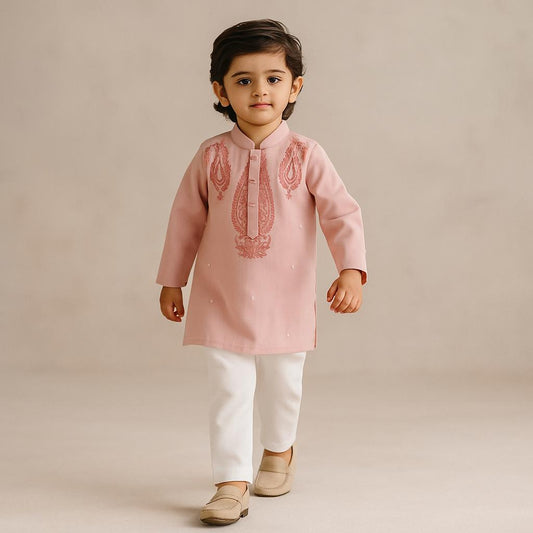 Pre Order: Thread Embroidered Peach Kurta And Pyjama
