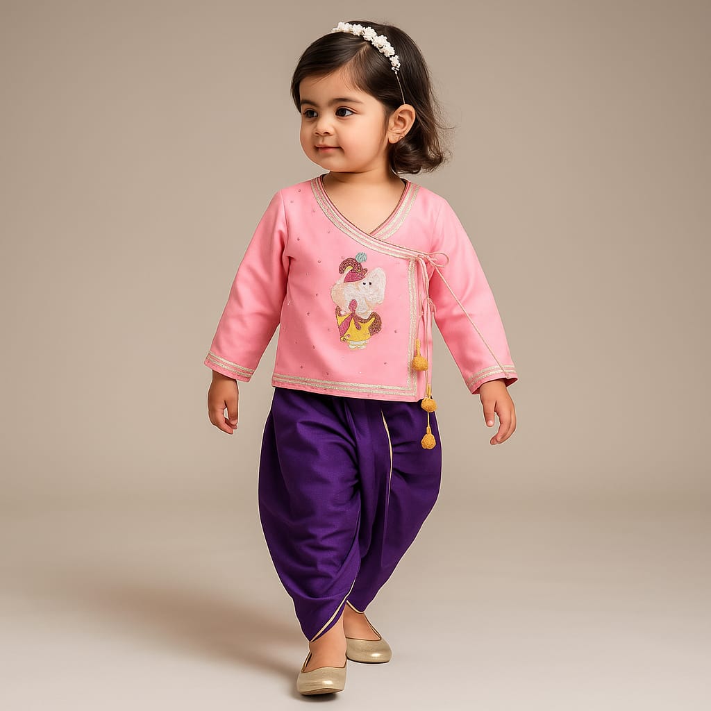 Pre Order: UNISEX Ganesh Embroidered Angarkha Style Peach Kurta And Dhoti